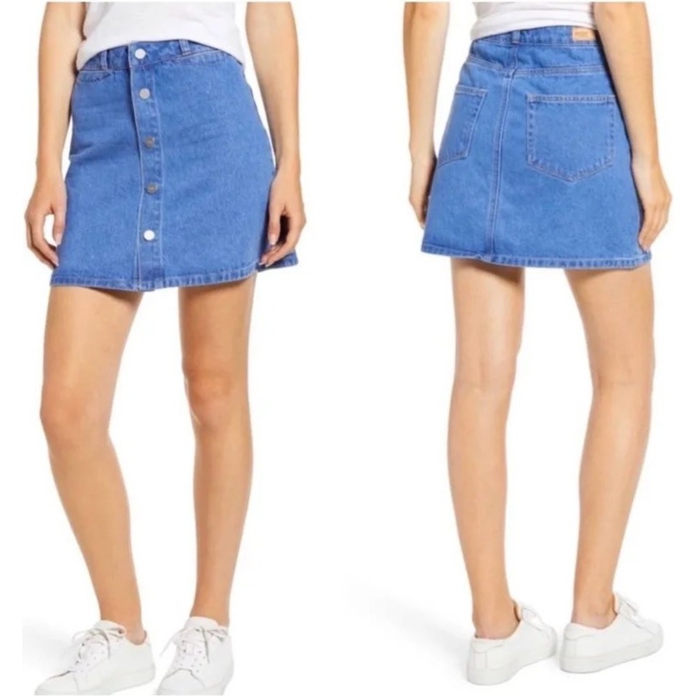 PAIGE Esma Hi Rise A-Line Denim‎ Mini Skirt Snap Front Blue Size 26